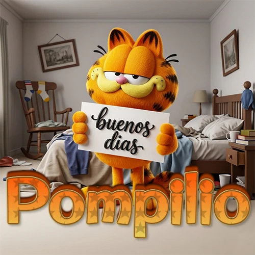 Garfield en dormitorio con pizarra blanca que dice 'Buenos Días', nombre en base 3D degradada naranja abajo. Nombre personalizado: Pompilio.