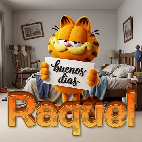 Garfield en dormitorio con pizarra blanca que dice 'Buenos Días', nombre en base 3D degradada naranja abajo. Nombre personalizado: Raquel.