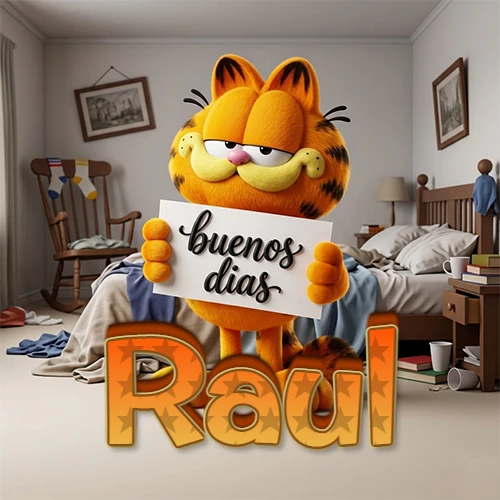 Garfield en dormitorio con pizarra blanca que dice 'Buenos Días', nombre en base 3D degradada naranja abajo. Nombre personalizado: Raul.