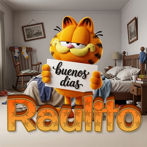 Garfield en dormitorio con pizarra blanca que dice 'Buenos Días', nombre en base 3D degradada naranja abajo. Nombre personalizado: Raulito. Garfield en dormitorio con pizarra blanca que dice 'Buenos Días', nombre en base 3D degradada naranja abajo. Nombre personalizado: Raulito.