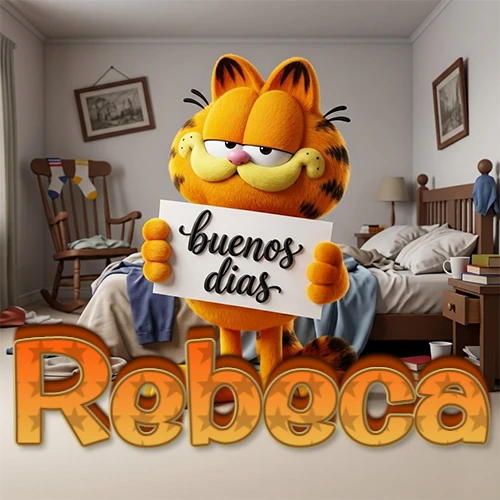 Garfield en dormitorio con pizarra blanca que dice 'Buenos Días', nombre en base 3D degradada naranja abajo. Nombre personalizado: Rebeca.