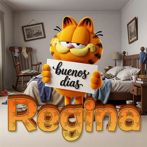 Garfield en dormitorio con pizarra blanca que dice 'Buenos Días', nombre en base 3D degradada naranja abajo. Nombre personalizado: Regina.