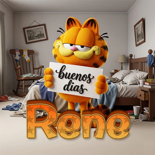 Garfield en dormitorio con pizarra blanca que dice 'Buenos Días', nombre en base 3D degradada naranja abajo. Nombre personalizado: Rene.