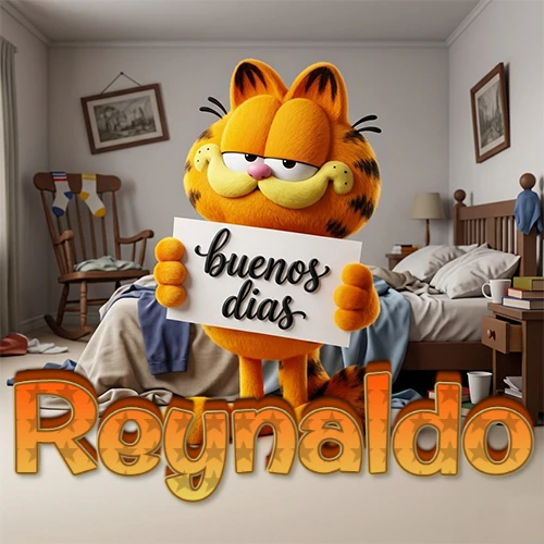 Garfield en dormitorio con pizarra blanca que dice 'Buenos Días', nombre en base 3D degradada naranja abajo. Nombre personalizado: Reynaldo.