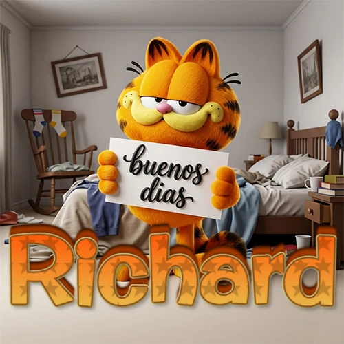 Garfield en dormitorio con pizarra blanca que dice 'Buenos Días', nombre en base 3D degradada naranja abajo. Nombre personalizado: Richard.