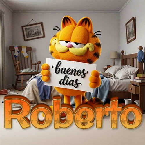 Garfield en dormitorio con pizarra blanca que dice 'Buenos Días', nombre en base 3D degradada naranja abajo. Nombre personalizado: Roberto.