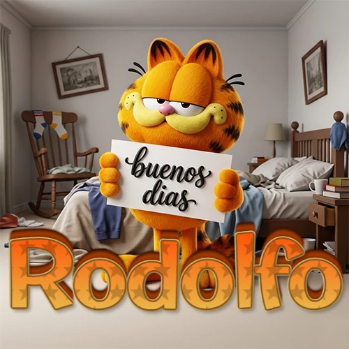Garfield en dormitorio con pizarra blanca que dice 'Buenos Días', nombre en base 3D degradada naranja abajo. Nombre personalizado: Rodolfo.