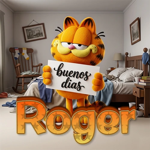 Garfield en dormitorio con pizarra blanca que dice 'Buenos Días', nombre en base 3D degradada naranja abajo. Nombre personalizado: Roger.