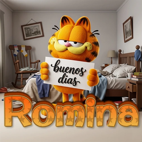 Garfield en dormitorio con pizarra blanca que dice 'Buenos Días', nombre en base 3D degradada naranja abajo. Nombre personalizado: Romina.