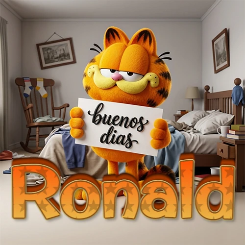 Garfield en dormitorio con pizarra blanca que dice 'Buenos Días', nombre en base 3D degradada naranja abajo. Nombre personalizado: Ronald.