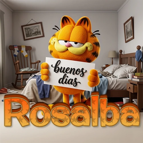 Garfield en dormitorio con pizarra blanca que dice 'Buenos Días', nombre en base 3D degradada naranja abajo. Nombre personalizado: Rosalba.