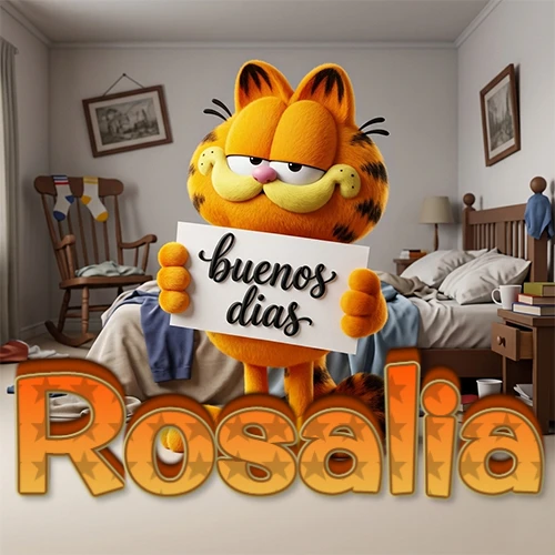 Garfield en dormitorio con pizarra blanca que dice 'Buenos Días', nombre en base 3D degradada naranja abajo. Nombre personalizado: Rosalia.