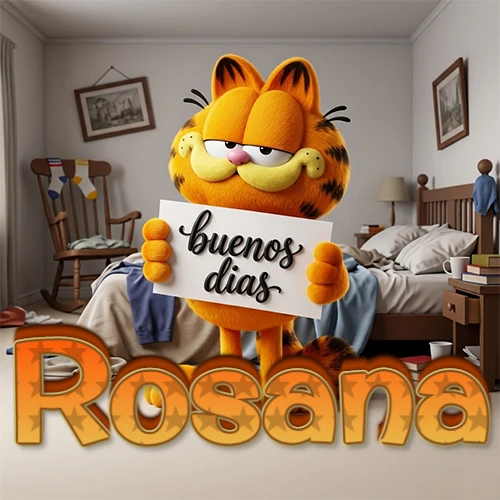Garfield en dormitorio con pizarra blanca que dice 'Buenos Días', nombre en base 3D degradada naranja abajo. Nombre personalizado: Rosana.