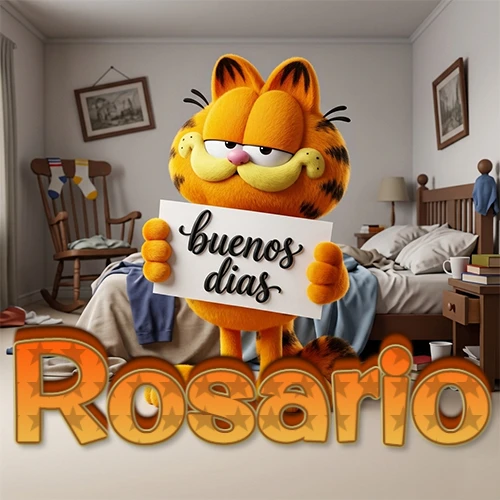 Garfield en dormitorio con pizarra blanca que dice 'Buenos Días', nombre en base 3D degradada naranja abajo. Nombre personalizado: Rosario.