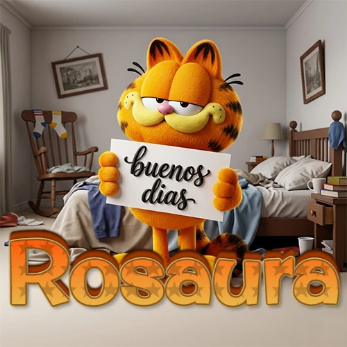 Garfield en dormitorio con pizarra blanca que dice 'Buenos Días', nombre en base 3D degradada naranja abajo. Nombre personalizado: Rosaura.