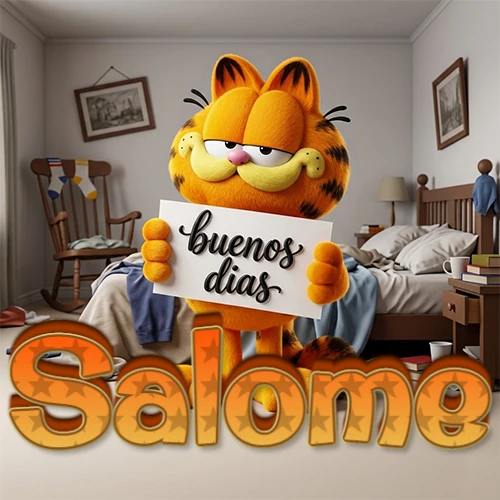 Garfield en dormitorio con pizarra blanca que dice 'Buenos Días', nombre en base 3D degradada naranja abajo. Nombre personalizado: Salome.