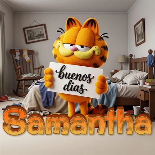 Garfield en dormitorio con pizarra blanca que dice 'Buenos Días', nombre en base 3D degradada naranja abajo. Nombre personalizado: Samantha.