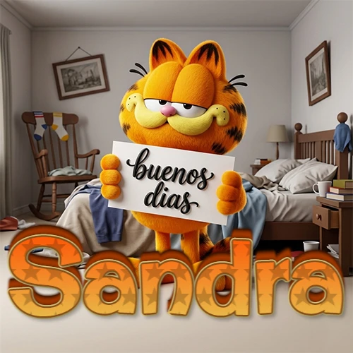 Garfield en dormitorio con pizarra blanca que dice 'Buenos Días', nombre en base 3D degradada naranja abajo. Nombre personalizado: Sandra.