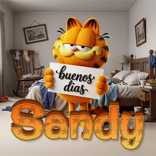Garfield en dormitorio con pizarra blanca que dice 'Buenos Días', nombre en base 3D degradada naranja abajo. Nombre personalizado: Sandy.
