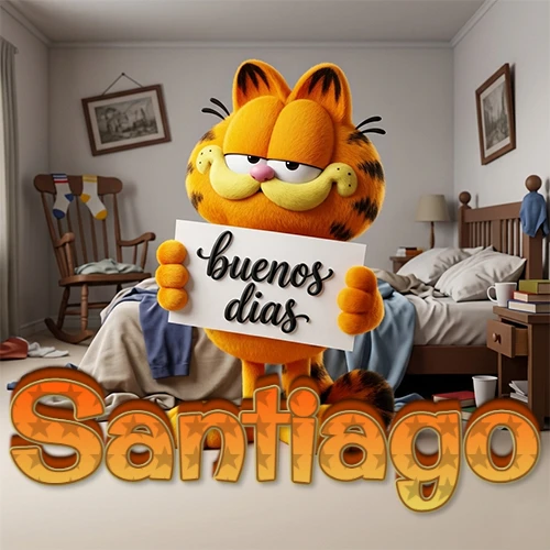 Garfield en dormitorio con pizarra blanca que dice 'Buenos Días', nombre en base 3D degradada naranja abajo. Nombre personalizado: Santiago.