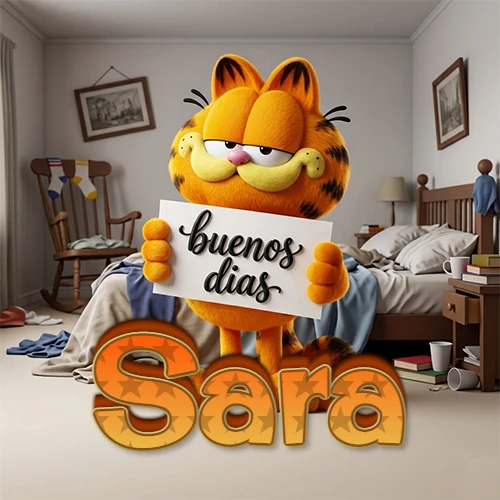 Garfield en dormitorio con pizarra blanca que dice 'Buenos Días', nombre en base 3D degradada naranja abajo. Nombre personalizado: Sara. Garfield en dormitorio con pizarra blanca que dice 'Buenos Días', nombre en base 3D degradada naranja abajo. Nombre personalizado: Sara.