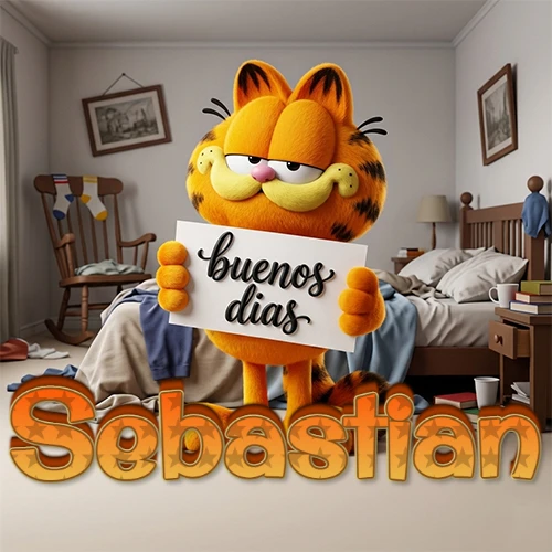 Garfield en dormitorio con pizarra blanca que dice 'Buenos Días', nombre en base 3D degradada naranja abajo. Nombre personalizado: Sebastian. Garfield en dormitorio con pizarra blanca que dice 'Buenos Días', nombre en base 3D degradada naranja abajo. Nombre personalizado: Sebastian.