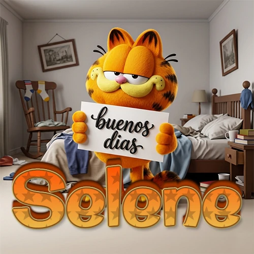 Garfield en dormitorio con pizarra blanca que dice 'Buenos Días', nombre en base 3D degradada naranja abajo. Nombre personalizado: Selene.