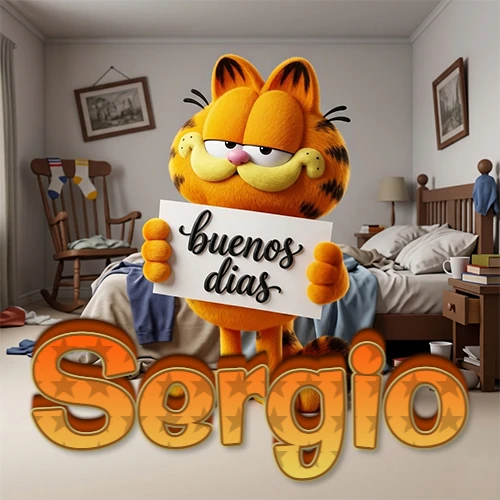 Garfield en dormitorio con pizarra blanca que dice 'Buenos Días', nombre en base 3D degradada naranja abajo. Nombre personalizado: Sergio.