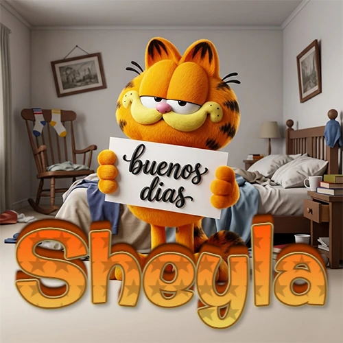 Garfield en dormitorio con pizarra blanca que dice 'Buenos Días', nombre en base 3D degradada naranja abajo. Nombre personalizado: Sheyla.