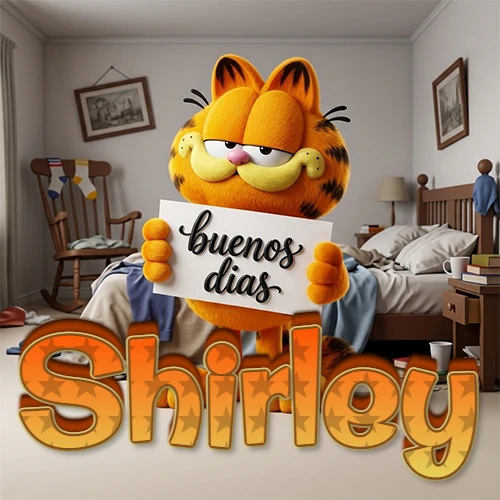 Garfield en dormitorio con pizarra blanca que dice 'Buenos Días', nombre en base 3D degradada naranja abajo. Nombre personalizado: Shirley.