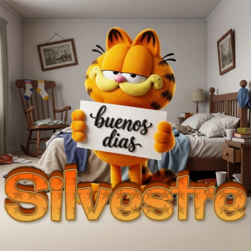 Garfield en dormitorio con pizarra blanca que dice 'Buenos Días', nombre en base 3D degradada naranja abajo. Nombre personalizado: Silvestre. Garfield en dormitorio con pizarra blanca que dice 'Buenos Días', nombre en base 3D degradada naranja abajo. Nombre personalizado: Silvestre.
