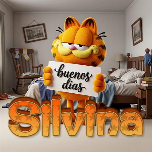 Garfield en dormitorio con pizarra blanca que dice 'Buenos Días', nombre en base 3D degradada naranja abajo. Nombre personalizado: Silvina. Garfield en dormitorio con pizarra blanca que dice 'Buenos Días', nombre en base 3D degradada naranja abajo. Nombre personalizado: Silvina.