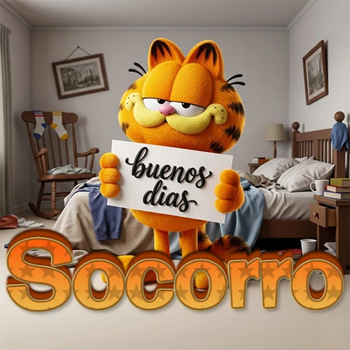 Garfield en dormitorio con pizarra blanca que dice 'Buenos Días', nombre en base 3D degradada naranja abajo. Nombre personalizado: Socorro.
