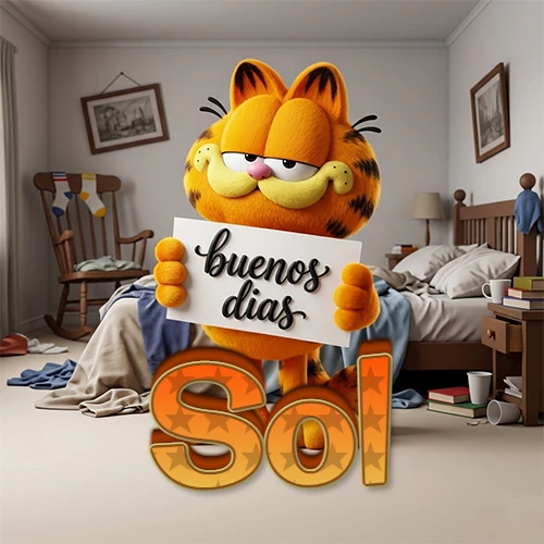 Garfield en dormitorio con pizarra blanca que dice 'Buenos Días', nombre en base 3D degradada naranja abajo. Nombre personalizado: Sol.
