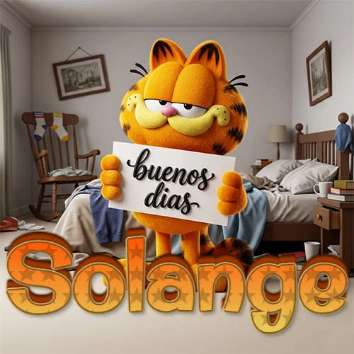 Garfield en dormitorio con pizarra blanca que dice 'Buenos Días', nombre en base 3D degradada naranja abajo. Nombre personalizado: Solange.