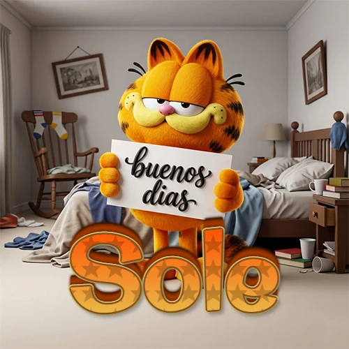 Garfield en dormitorio con pizarra blanca que dice 'Buenos Días', nombre en base 3D degradada naranja abajo. Nombre personalizado: Sole.