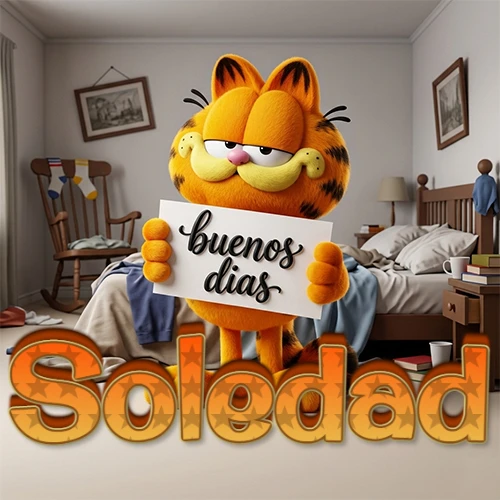 Garfield en dormitorio con pizarra blanca que dice 'Buenos Días', nombre en base 3D degradada naranja abajo. Nombre personalizado: Soledad.