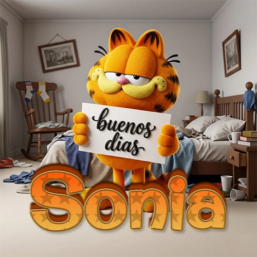 Garfield en dormitorio con pizarra blanca que dice 'Buenos Días', nombre en base 3D degradada naranja abajo. Nombre personalizado: Sonia. Garfield en dormitorio con pizarra blanca que dice 'Buenos Días', nombre en base 3D degradada naranja abajo. Nombre personalizado: Sonia.