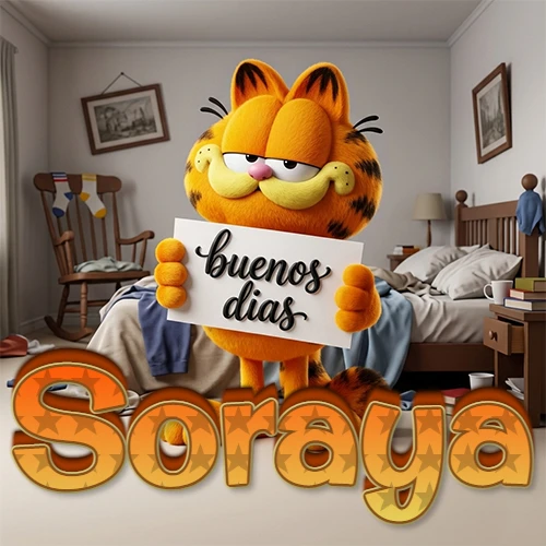 Garfield en dormitorio con pizarra blanca que dice 'Buenos Días', nombre en base 3D degradada naranja abajo. Nombre personalizado: Soraya. Garfield en dormitorio con pizarra blanca que dice 'Buenos Días', nombre en base 3D degradada naranja abajo. Nombre personalizado: Soraya.