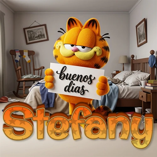 Garfield en dormitorio con pizarra blanca que dice 'Buenos Días', nombre en base 3D degradada naranja abajo. Nombre personalizado: Stefany.