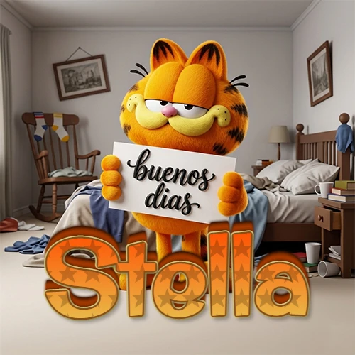 Garfield en dormitorio con pizarra blanca que dice 'Buenos Días', nombre en base 3D degradada naranja abajo. Nombre personalizado: Stella.