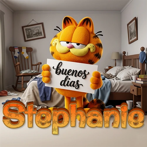 Garfield en dormitorio con pizarra blanca que dice 'Buenos Días', nombre en base 3D degradada naranja abajo. Nombre personalizado: Stephanie.