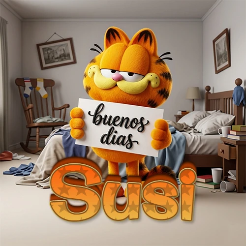 Garfield en dormitorio con pizarra blanca que dice 'Buenos Días', nombre en base 3D degradada naranja abajo. Nombre personalizado: Susi.