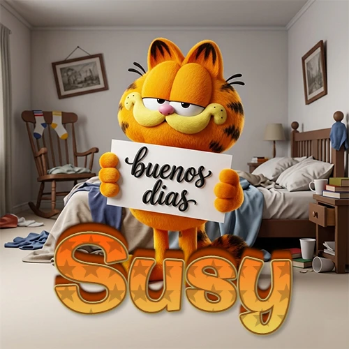 Garfield en dormitorio con pizarra blanca que dice 'Buenos Días', nombre en base 3D degradada naranja abajo. Nombre personalizado: Susy.