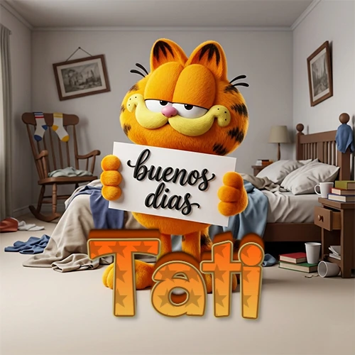 Garfield en dormitorio con pizarra blanca que dice 'Buenos Días', nombre en base 3D degradada naranja abajo. Nombre personalizado: Tati.