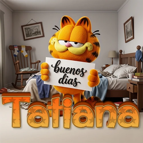 Garfield en dormitorio con pizarra blanca que dice 'Buenos Días', nombre en base 3D degradada naranja abajo. Nombre personalizado: Tatiana.