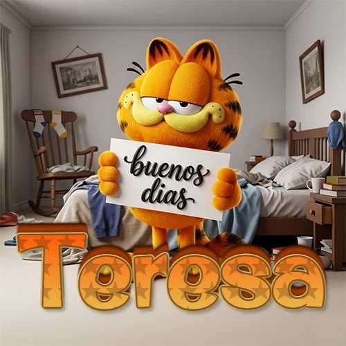 Garfield en dormitorio con pizarra blanca que dice 'Buenos Días', nombre en base 3D degradada naranja abajo. Nombre personalizado: Teresa.
