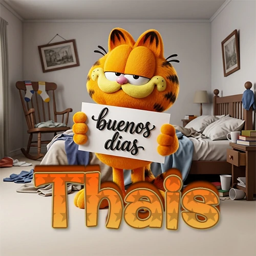 Garfield en dormitorio con pizarra blanca que dice 'Buenos Días', nombre en base 3D degradada naranja abajo. Nombre personalizado: Thais.