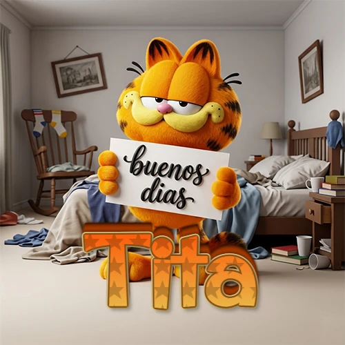 Garfield en dormitorio con pizarra blanca que dice 'Buenos Días', nombre en base 3D degradada naranja abajo. Nombre personalizado: Tita.