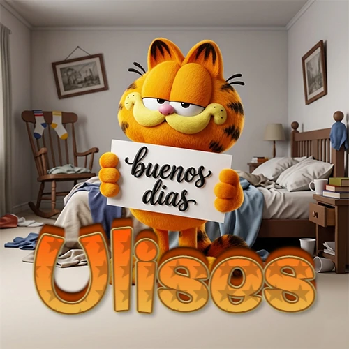 Garfield en dormitorio con pizarra blanca que dice 'Buenos Días', nombre en base 3D degradada naranja abajo. Nombre personalizado: Ulises.